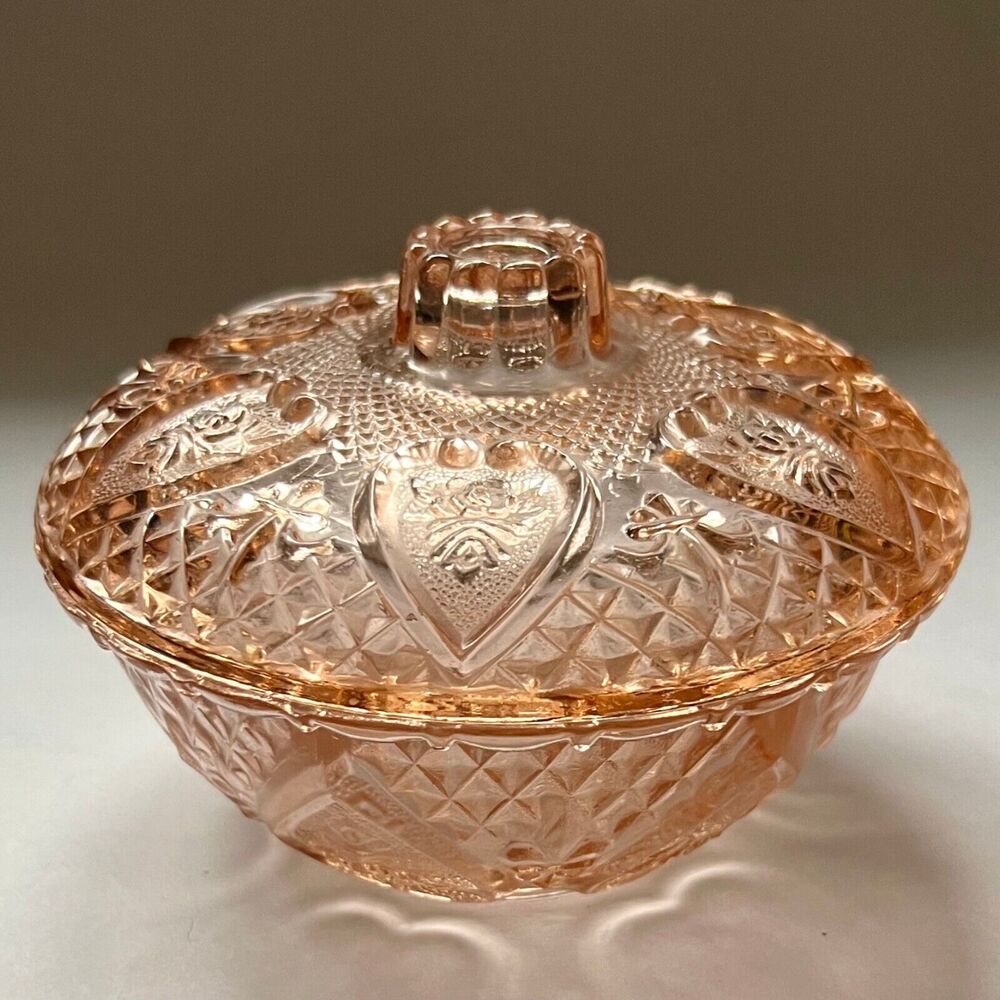Vintage Pink Glass Heart Motif Embossed Sugar, Candy, Trinket Dish with Lid - Picture 13 of 13